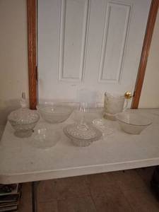 lot 1453 image: Lot of Glassware - Serving Pieces, Bowls, Covered Dishes, Pitcher