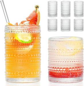 lot 212 image: Hobnail Drinking Glasses with Straws, 15 oz & 12 oz Set of 7