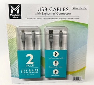 lot 244 image: Members Mark USB-C & USB-A Braided Cables, 2-Pack, 3ft & 6ft
