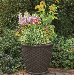 lot 27 image: Suncast Sonora 22 Inch Resin Wicker Decorative Garden Flower Planter, Brown