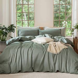 lot 2003 image: MooMee Bedding Duvet Cover Set 100% Washed Cotton Linen Like Textured Breathable Durable Soft Comfy (Heathered Green, King 104x90)