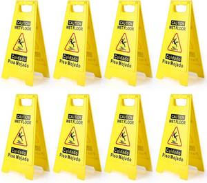 lot 2007 image: 8-Pack Caution Wet Floor Sign,17.5 Height,Bright Yellow Double-Sided Folding A-Shaped Frame Design, Bilingual Caution Message