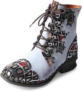 lot 2012 image: TMA EYES Womens Ankle Booties Lace Up Combat Boot Geometric Pattern With Leather Stitching Shoes. SIZE 7. Appeared worn one time see pictures.