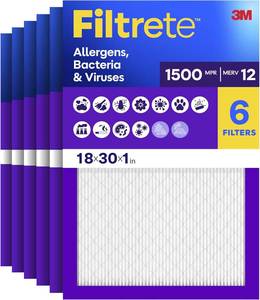 lot 2027 image: Filtrete 18x30x1 Air Filter, MERV 12, MPR 1500, Allergens, Bacteria & Viruses, 3-Month AC and Furnace Filters, Cleaner Air, Reliable Airflow, 6 HVAC Filters (Actual Size 17.81 x 29.81 x 0.78 in)