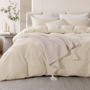 lot 2082 image: NEXHOME PRO Duvet Cover Set Queen Size Linen Feel Textured Cream Grey Organic Natural 100% Washed Cotton Duvet Cover 3 Pieces Bedding Set with Zipper Closure, Breathable, Soft (No Comforter)