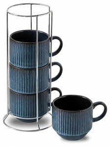lot 3023 image: Tikooere Ceramic Coffee Mugs with Stand, 12 Ounce Stackable Coffee Mugs for Latte, Cappuccino, Mocha, Cocoa, Porcelain Ribbed Coffee Cups Set of 4 for Kitchen Gift, Dishwasher & Microwave Safe, Blue