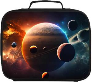 lot 3032 image: Galaxy Solar System Kids Lunch Box, Planets in Outer Space Kids Lunch Bag for School, Double Insulated, PEVA Lining, Top Handle, Leak-proof, Single-sided Printed
