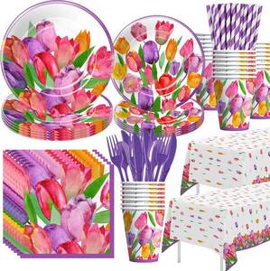 lot 3046 image: APOWBLS Tulip Floral Party Decorations Tableware, Spring Summer Tulip Flower Party Supplies for Birthday Baby Shower Tea, Paper Plate, Cup, Napkin, Tablecloth, Cutlery  Serve 24