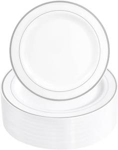 lot 3048 image: WELLIFE 144 Pieces Silver Plastic Dessert Plates, 7.5 inch Disposable Salad Plates, Premium White Appetizer Plates with Silver Rim, Ideal for Party, Wedding