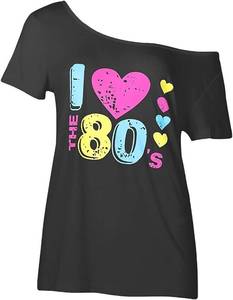 lot 3123 image: Smile Fish Womens I Love The 80s Off The Shoulder Tops 80s Costumes T Shirts Size XL