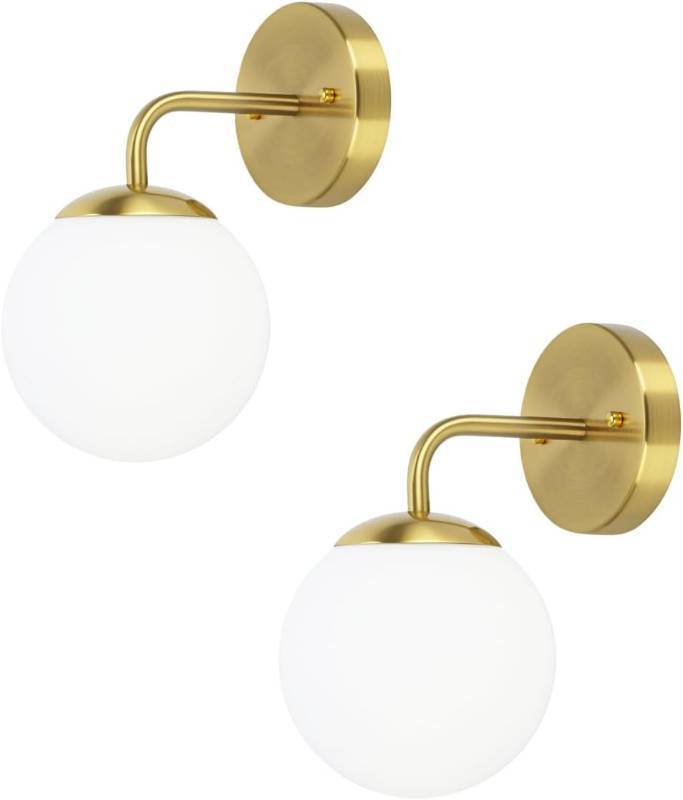 lot 261528 image: Brushed Gold Wall Sconce Plug in,Modern Milk White Glass Shade Wall Lamp,1-Light Vanity Light for Bathroom Bedroom Livingroom.Mid Century Brushed Brass Plug in Wall Sconce with Bulb(Included)
