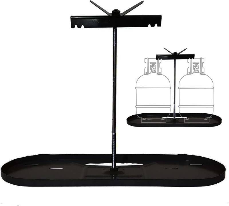 lot 251600 image: RV Dual Propane Tank Cylinder Rack for Camper and Travel Trailer for 20lb Tanks, All Parts Black for Bottom Tray, Vertical Bar, Securing LP Wing Nut, and Connecting Bar-All Parts Black