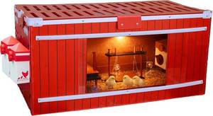 lot 261545 image: Retails for $260 RentACoop Big Red Barn Chick Brooder Set with Heating Plate and Anti-Roost Cone, Two Chick Feeders, Two Chick Drinkers, Swing, Hatchling Liners, Jute Liner, LED Light, Security Latch