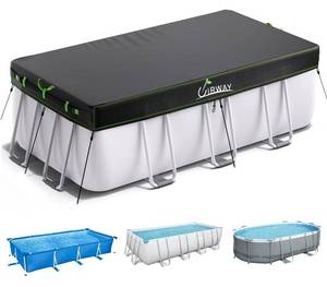 lot 60216 image: UIRWAY 12x18 FT Rectangular Pool Cover with Reflective Strips, Swimming Pool Cover for Above Ground Pool, Solar Cover Including Rope Tie and Luminous Ground Nails for Rectangular or Oval Pools - Retail $70