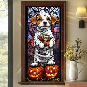 lot 60234 image: SHENGYUMY Halloween Mummy Dog Window Film 17.71x39.97 Inch Cute Puppy Glass Decal with Candy Basket and Pumpkins Static Cling Window Sticker for Halloween Decorations Home Office Party Glass Door - Retail $8