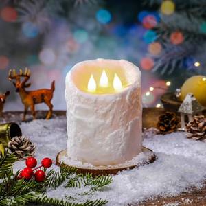 lot 60356 image: Baquler Large Flameless LED Battery Operated Pillar Candle - 3 Wick 5x4 Snowy Frosted White Flameless Christmas Fake Candle for Xmas Table Centerpiece Holiday Rustic Indoor Home Decor - Retail $13