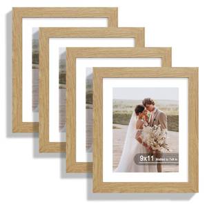 lot 3617 image: Hongkee 9x11 Picture Frame Set of 4, Made of Real Glass and Natural Oak Frame - Display Picture 7x9 with Mat or 9x11 Without Mat, 9 by 11 Photo for Wall or Tabletop