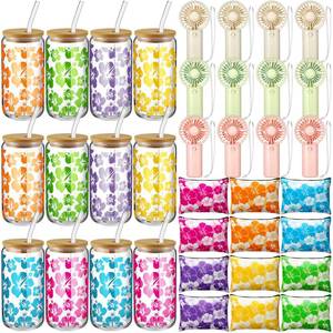 lot 3627 image: Acellegic 36 Pcs Summer Gift 12 Glass Cups 16 oz with Lids and Straws 12 Makeup Bags 12 Mini Handheld Fans Hibiscus Flower Design Gift Party Favor for Women Girls