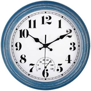 lot 3633 image: JENLYSTIME 12 Inch IndoorOutdoor Retro Waterproof Wall Clock with Thermometer Silent Round Quartz Battery Operated Easy to Read Decorative for Kitchen Patio,Bathroom,Deck,Porch,Pool(Blue)