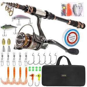 PLUSINNO Fishing Rod and Reel Combos -24 Ton Carbon Fiber Telescopic Fishing Pole - Spinning Reel 12 +1 Shielded Bearings Stainless Steel BB-Free