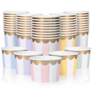 lot 3640 image: Paper Ice Cream Cups - 50-Count 9-Oz Disposable Dessert Bowls for Hot or Cold Food, 9-Ounce Party Supplies Treat Cups for Sundae, Frozen Yogurt, Soup, 5 Colors Pastel Stripes with Scalloped Gold Foil