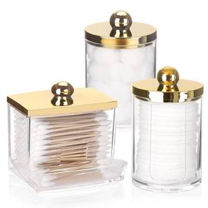 lot 3646 image: Tbestmax 3 Pack Qtips Dispenser - Bathroom Organizers and Storage Containers, Plastic Apothecary Jars with Gold Lids for Cotton Ball Swab Round Pads, Floss - Gold