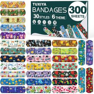 lot 3675 image: TUXIYA 300 Pack Kids Cartoon Bandages,30 Styles 6 Cartoon Themes Adhesive Bandages Kids,Colorful Bandage Flexible & Waterproof Adhesive for Minor Cuts and Scrapes