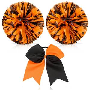 lot 3689 image: Hanaive 12 Inch Cheerleading Pom Poms and Large Cheerleader Hair Bow Large Metallic Cheer Cheerleader Pom Poms for Sports Team Spirit Cheering(Orange Black Mixed,Matte)
