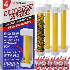 lot 3695 image: Fly Stick Sticky Fly Traps for Indoors Outdoor 4pk with 12 Ribbons. Non-Toxic Super Sticky Hanging Flies Catcher Paper Tape Strips for Home