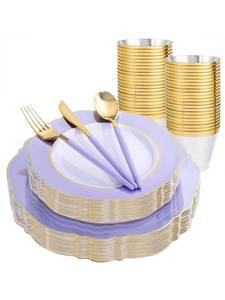 lot 3720 image: WDF 150Pcs Purple Plates Disposable - Baroque Lavender Purple and Gold Plates - 25Guest Plastic Dinnerware Ideal for WeddingPartyBirthdayBridal Shower