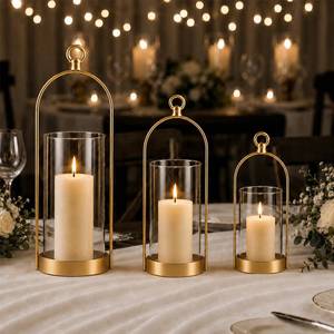 lot 3735 image: Hurricane Candle Holders Set of 3, Gold Metal Candleholders with Glass Shade Fits 3 and 4 Pillar Candles