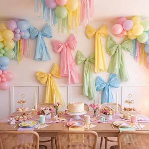lot 3737 image: Lukmaa 12 Pcs Giant Pastel Wall Bows 54x108 Inch Macaron Large DIY Ribbon Backdrop Decor Oversized Hanging Bow Decorations for Classroom Bulletin Board, Graduation, Tea Party, Baby Shower, Birthday