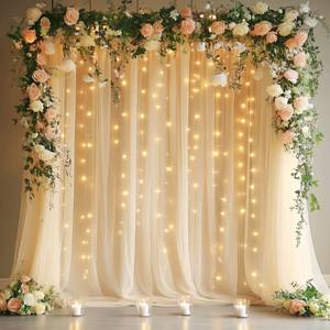 lot 3744 image: Fomcet Tulle Backdrop Curtains with Lights String 10FT X 8FT Champagne Sheer Curtain with Lights Tulle Curtains Backdrop for Wedding Birthday Party Photo Shoot (2 Panels 5x8FT)