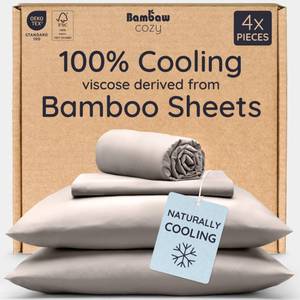 lot 3762 image: Bambaw 100% Viscose Derived from Bamboo Sheets Queen Size Set �� 4pcs Cooling Sheets for Hot Sleepers, Soft Deep Pocket Queen Sheet Set Fits Up to 16 with Elastic Corner Straps (Sand)