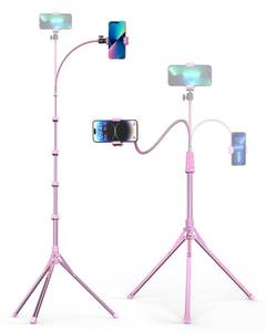 lot 3775 image: Aureday Phone Tripod, 92 Cell Phone Stand with 15 Gooseneck, Remote and Phone Holder, Overhead & Selfie Stick for RecordingWatchingVlog, Compatible with iPhone Android, Pink