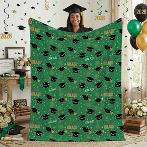 lot 3786 image: Horaldaily Graduation Flannel Blanket Throw, Green Gold Bachelor Grad Cap Soft Fuzzy Plush Cozy Fleece Blankets for Her Him, Ideal Gifts for Class of 2026 Graduate, 50x60