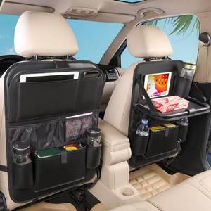 lot 3788 image: 2PACK Leather Car Backseat Organizer with Tablet Holder - 9 Large Storage Pockets, Foldable Food Tray & Anti-Scratch Kick Mats - Universal Car Seat Protector for Kids, Pets & Travel Accessories
