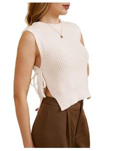 lot 3794 image: MakeMeChic Womens Tie Side Sweater Vest Tops Split Hem Knitted Sleeveless Crew Neck Tank Fall Top Beige Large