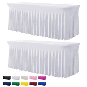 lot 3795 image: 2 Pack White Spandex Table Clothes for 6 Foot Rectangle Tables, Wrinkle Free Fitted Table Cover 6ft Stretch Tablecloths Desk Skirt for Parties Weddings Birthday Banquet Baby Shower