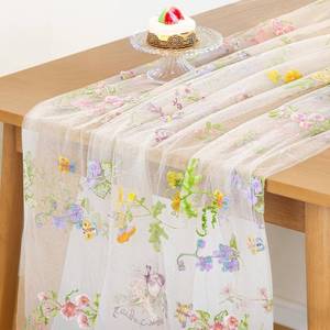lot 3853 image: AerWo Embroidery Sage Floral Table Runner 120 Inch 10FT, White Floral Runners for Tables Flower Decorations for Party, Flower Runner for Table Kitchen & Dining, Party and Event Centerpiece