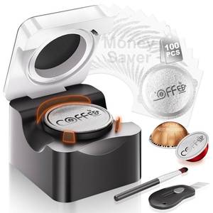 lot 3867 image: Reusable Vertuo Pods Kit for Nespresso Machine Refill Old Coffee Pods for Nespresso, 100 Pcs Aluminum Foil Seal Lids with Holder,Compatible with Vertuo Plus, Pop, Next All Size Capsules(No Pod)
