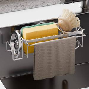 lot 3874 image: TAILI Sponge Holder with Strong Suction Cup, 4-in-1 Rustproof Sink Organizer - Sink Caddy Holds Sponges, Brushes, Stoppers & Scrapers -Silver
