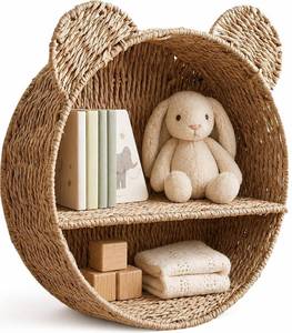 lot 3892 image: Woven Wall Basket Shelf Bear Nursery Decor Boho Handwoven Hanging Wall Decor for Kids Room, Paper Rope Stuffed Animal Organizer, Baby Nursery Floating Shelf