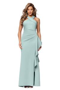 lot 3893 image: Xscape Evenings Womens Long, Bodycon Low-Sheen Cross Front Halter Neck Evening Dress with Ruching & Ruffle Detail, Sage, 8