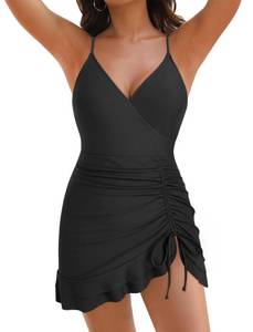 lot 3898 image: ZAFUL Womens One Piece Swimsuit Slimming Tummy Control Bathing Suit Modest Ruffle Swim Dress V Neck Retro Swimwear Black L