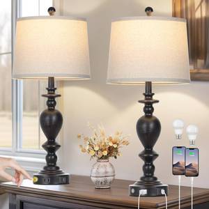 lot 3915 image: luxeflow 28 Tall Farmhouse Bedside Lamp Set of 2,Black Vintage Bedside Lamps with USB CA Ports & AC Outlet,3-Way Dimmable Touch Lamp for Night Stands Living Room Bedroom,Black-2