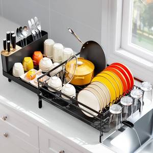 lot 3920 image: Urackify Large Dish Drying Rack, Expandable Dish Racks for Kitchen Counter, Multifunctional Dish Drainer with Utensil Holder & Cup Holder, 18.5-26.7 L x 12.7 W, Black