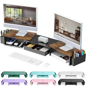 lot 3922 image: gianotter Dual Monitor Stand Riser, Desk Organizer With Drawer and 2 Pen Holders,Computer Monitor Stand, Desk Shelf for Top of Desk, Wood