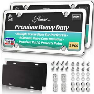 lot 3941 image: Premium Chrome License Plate Frames with 2 Anti-Scratch Pads & 4 Tire Valve Caps, Heavy Duty Rust-Free Chrome License Plate Frame 2 Pack for Women & Men, 2 Holes Universal Fit for Cars & Trucks