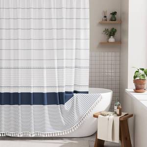 lot 3957 image: AmazerBath Boho Shower Curtain Set, Rustic Faux Linen Navy Blue Striped Shower Curtain with Hooks, Modern Farmhouse Shower Curtain with Tassels, White Base Toned, 72x72 Inches